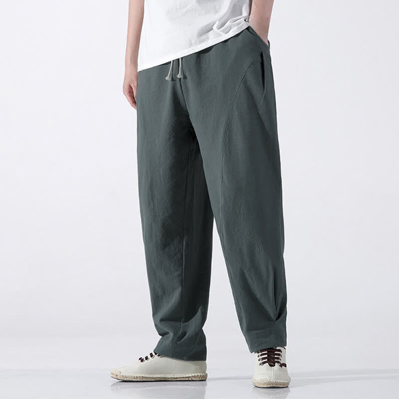 Buddha Stones Pantaloni corti da uomo estivi casual e minimalisti in cotone tinta unita con coulisse, modello harem con tasca. - Cadetto Blu - US/UK/AU46, EU56 (5XL) - image 0