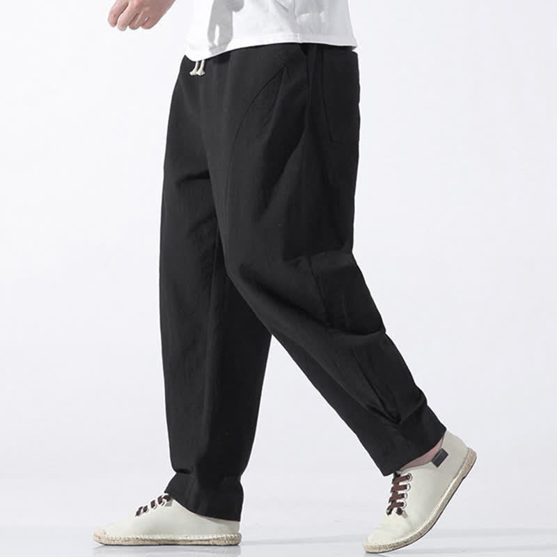 Buddha Stones Pantaloni corti da uomo estivi casual e minimalisti in cotone tinta unita con coulisse, modello harem con tasca. - image 8