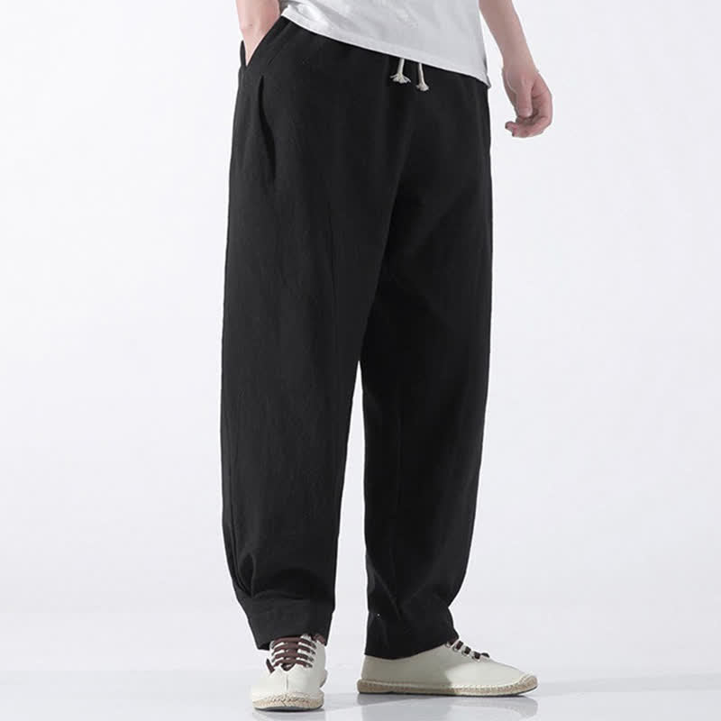 Buddha Stones Pantaloni corti da uomo estivi casual e minimalisti in cotone tinta unita con coulisse, modello harem con tasca. - image 10