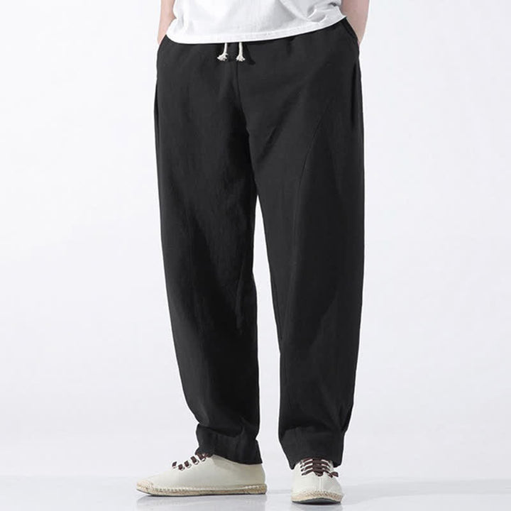Buddha Stones Pantaloni corti da uomo estivi casual e minimalisti in cotone tinta unita con coulisse, modello harem con tasca. - Nero - US/UK/AU46, EU56 (5XL) - image 7
