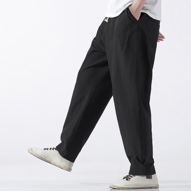 Buddha Stones Pantaloni corti da uomo estivi casual e minimalisti in cotone tinta unita con coulisse, modello harem con tasca. - image 14