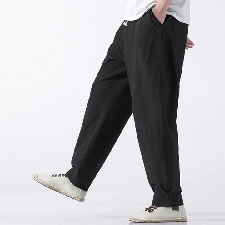 Buddha Stones Pantaloni corti da uomo estivi casual e minimalisti in cotone tinta unita con coulisse, modello harem con tasca. - image 14