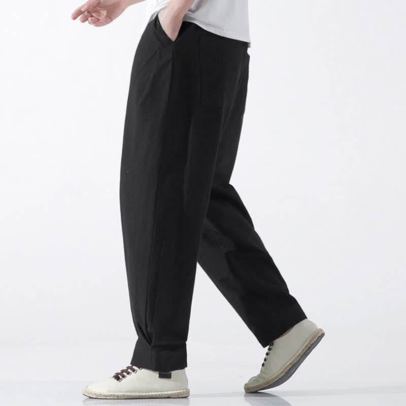 Buddha Stones Pantaloni corti da uomo estivi casual e minimalisti in cotone tinta unita con coulisse, modello harem con tasca. - image 9