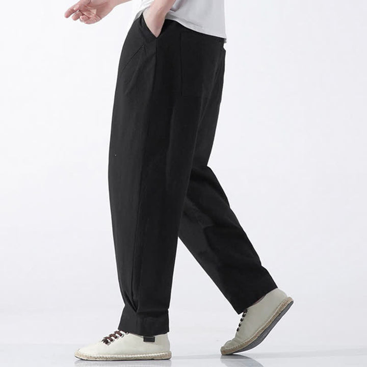 Buddha Stones Pantaloni corti da uomo estivi casual e minimalisti in cotone tinta unita con coulisse, modello harem con tasca. - image 9