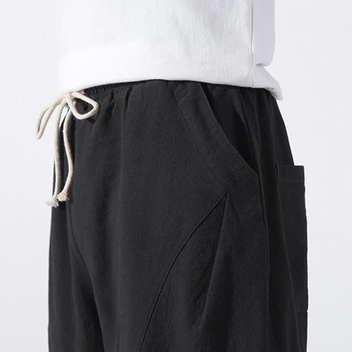Buddha Stones Pantaloni corti da uomo estivi casual e minimalisti in cotone tinta unita con coulisse, modello harem con tasca. - image 16