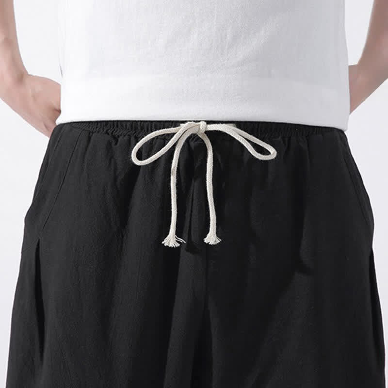 Buddha Stones Pantaloni corti da uomo estivi casual e minimalisti in cotone tinta unita con coulisse, modello harem con tasca. - image 15