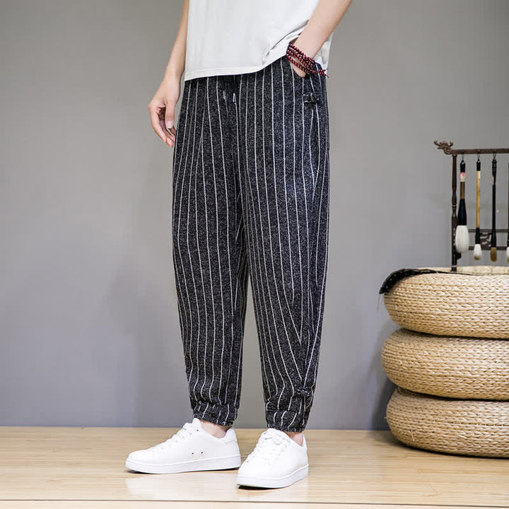 Buddha Stones Pantaloni corti estivi casual a righe con coulisse, pantaloni harem da uomo con tasche - Nero - US/UK/AU46, EU56 (5XL) - image 0