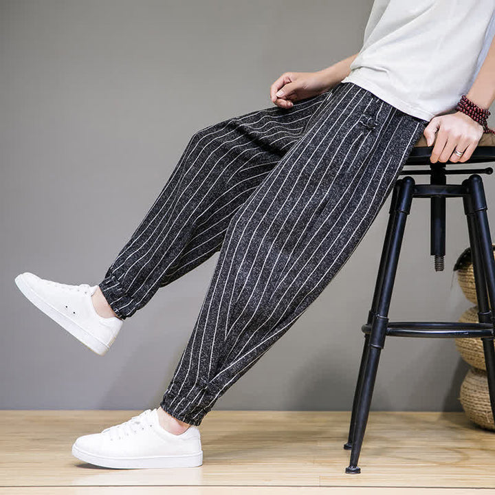 Buddha Stones Pantaloni corti estivi casual a righe con coulisse, pantaloni harem da uomo con tasche - image 11
