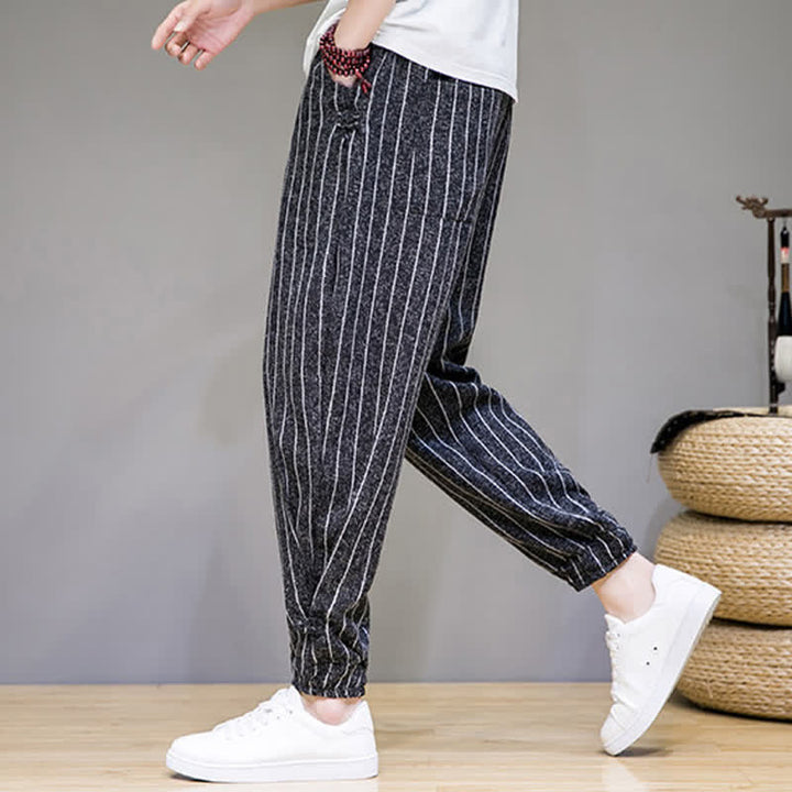 Buddha Stones Pantaloni corti estivi casual a righe con coulisse, pantaloni harem da uomo con tasche - image 6