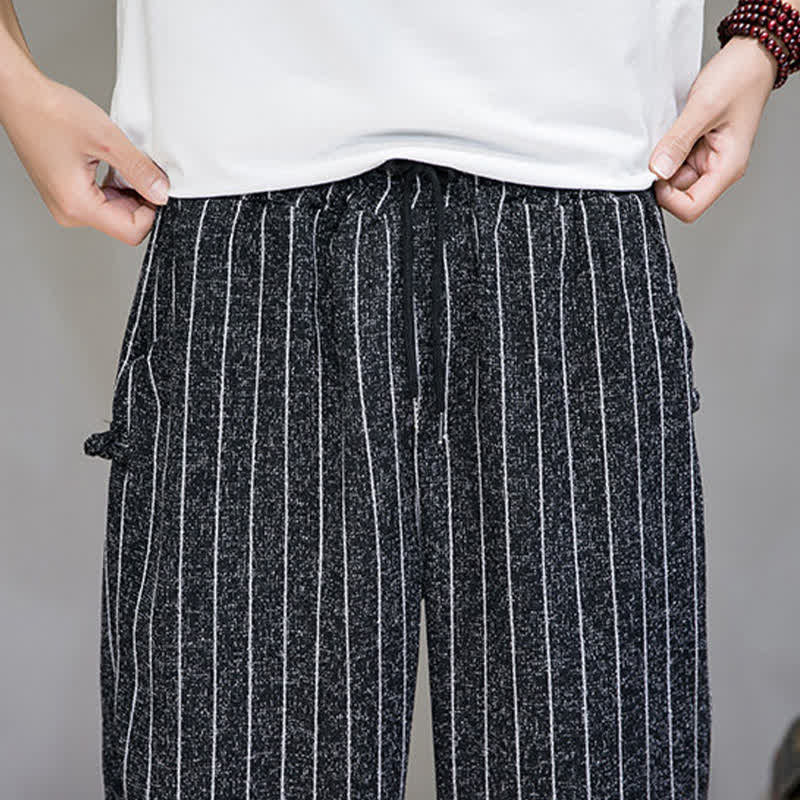 Buddha Stones Pantaloni corti estivi casual a righe con coulisse, pantaloni harem da uomo con tasche - image 7