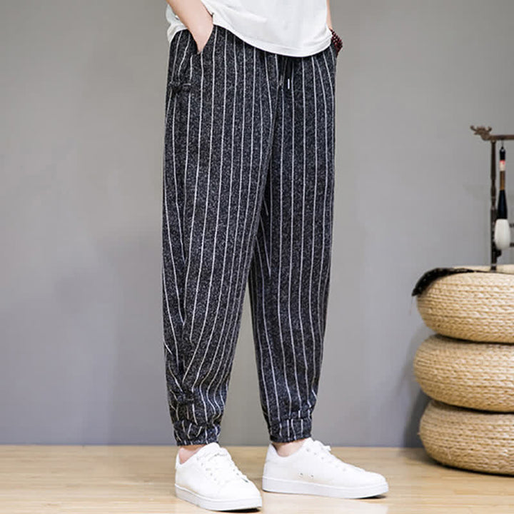 Buddha Stones Pantaloni corti estivi casual a righe con coulisse, pantaloni harem da uomo con tasche - image 3