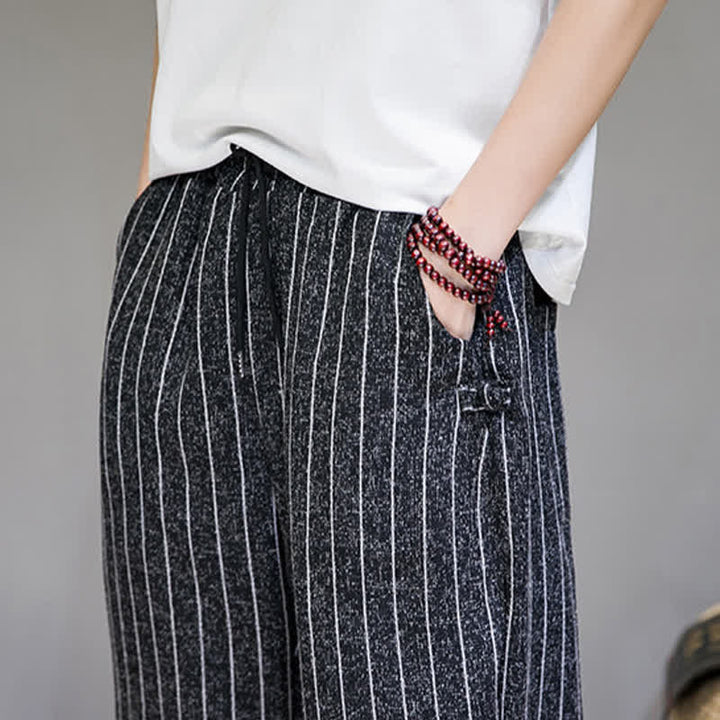 Buddha Stones Pantaloni corti estivi casual a righe con coulisse, pantaloni harem da uomo con tasche - image 9