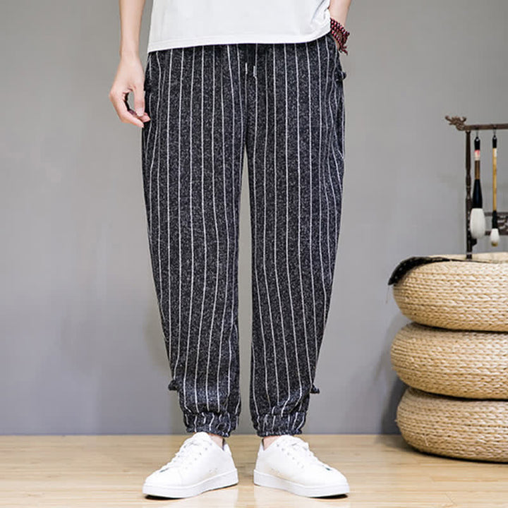 Buddha Stones Pantaloni corti estivi casual a righe con coulisse, pantaloni harem da uomo con tasche - image 5