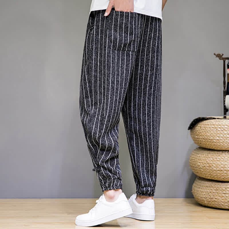 Buddha Stones Pantaloni corti estivi casual a righe con coulisse, pantaloni harem da uomo con tasche - image 4