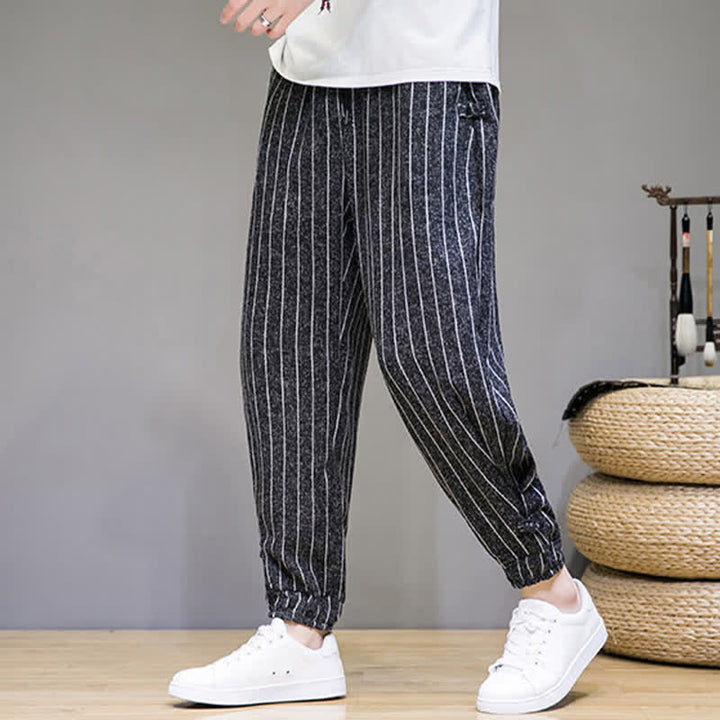 Buddha Stones Pantaloni corti estivi casual a righe con coulisse, pantaloni harem da uomo con tasche - image 1