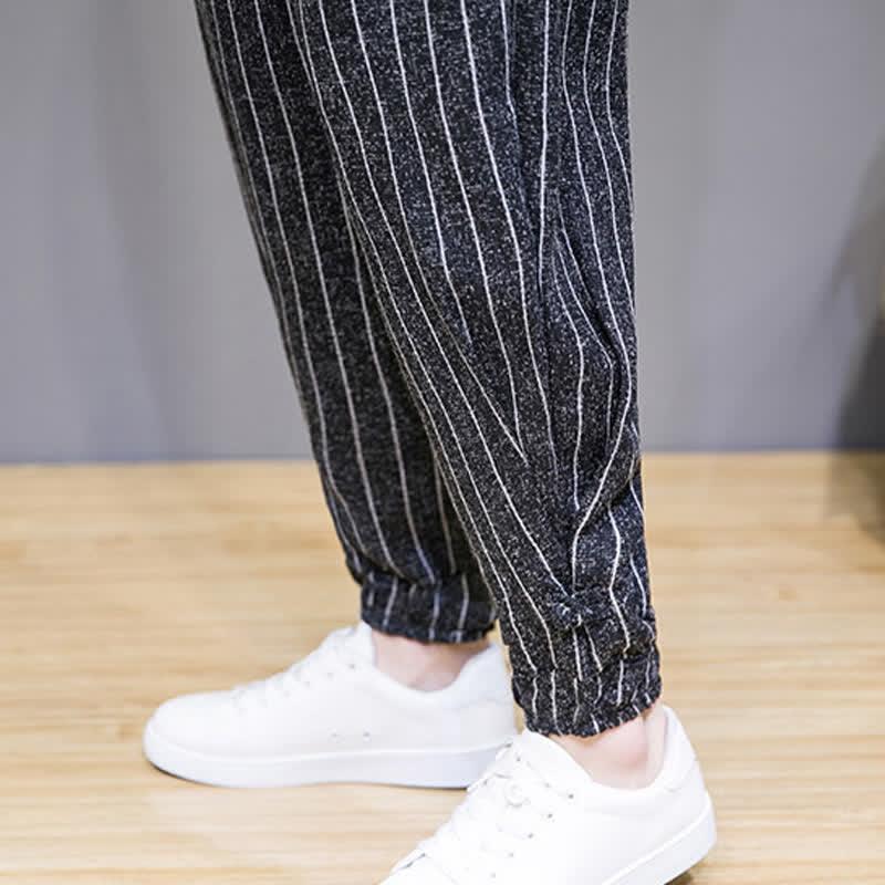 Buddha Stones Pantaloni corti estivi casual a righe con coulisse, pantaloni harem da uomo con tasche - image 10