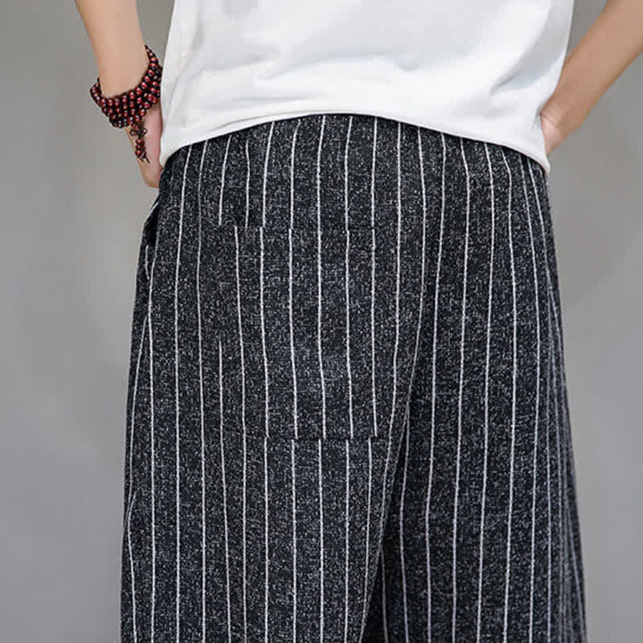 Buddha Stones Pantaloni corti estivi casual a righe con coulisse, pantaloni harem da uomo con tasche - image 8