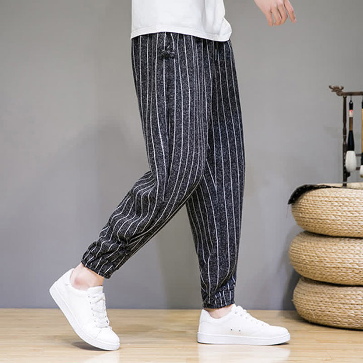 Buddha Stones Pantaloni corti estivi casual a righe con coulisse, pantaloni harem da uomo con tasche - image 2