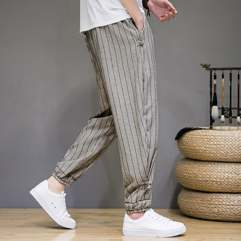 Buddha Stones Pantaloni corti estivi casual a righe con coulisse, pantaloni harem da uomo con tasche - image 22