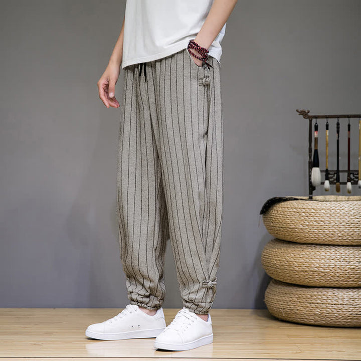Buddha Stones Pantaloni corti estivi casual a righe con coulisse, pantaloni harem da uomo con tasche - image 23