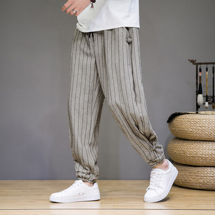 Buddha Stones Pantaloni corti estivi casual a righe con coulisse, pantaloni harem da uomo con tasche - Beige - US/UK/AU46, EU56 (5XL) - image 20