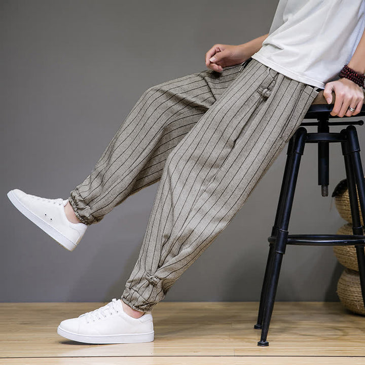 Buddha Stones Pantaloni corti estivi casual a righe con coulisse, pantaloni harem da uomo con tasche - image 27
