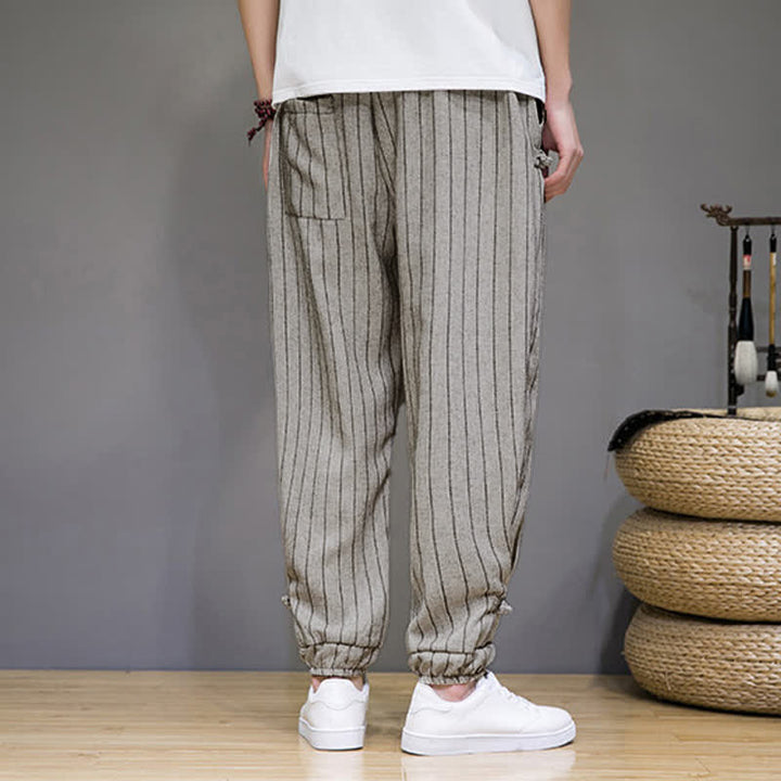Buddha Stones Pantaloni corti estivi casual a righe con coulisse, pantaloni harem da uomo con tasche - image 24