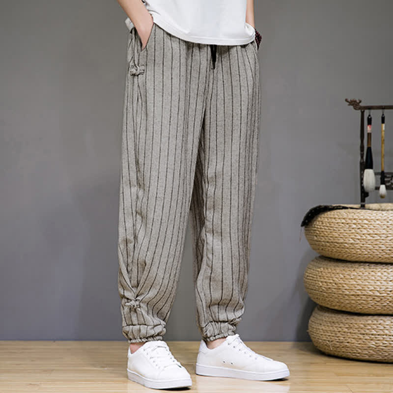 Buddha Stones Pantaloni corti estivi casual a righe con coulisse, pantaloni harem da uomo con tasche - image 26