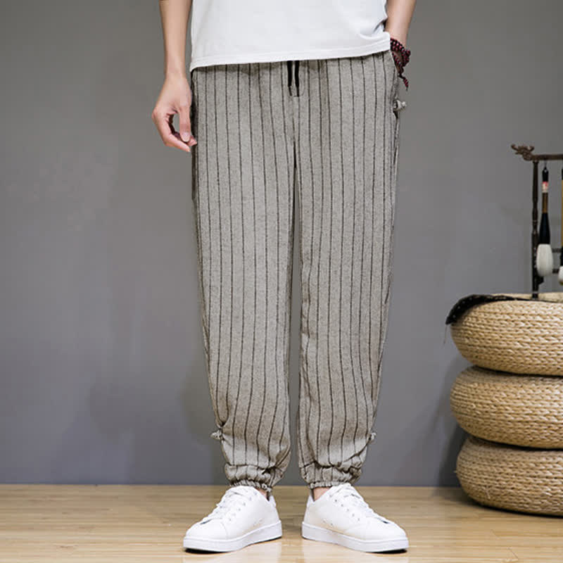 Buddha Stones Pantaloni corti estivi casual a righe con coulisse, pantaloni harem da uomo con tasche - image 21