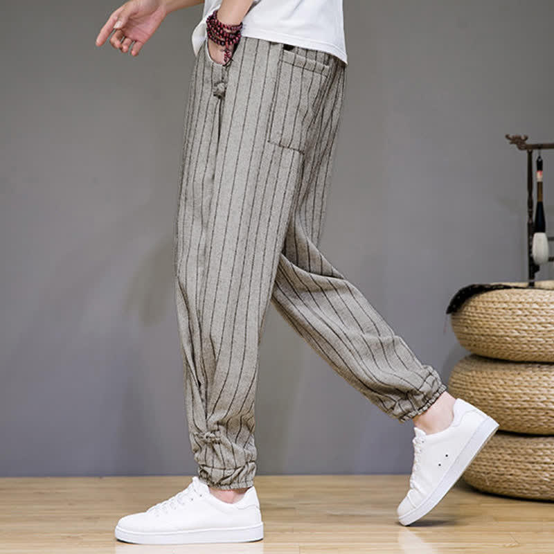 Buddha Stones Pantaloni corti estivi casual a righe con coulisse, pantaloni harem da uomo con tasche - image 25