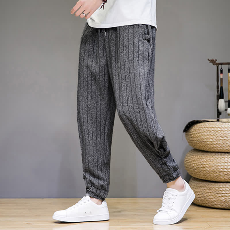 Buddha Stones Pantaloni corti estivi casual a righe con coulisse, pantaloni harem da uomo con tasche - Grigio tenue - US/UK/AU46, EU56 (5XL) - image 12