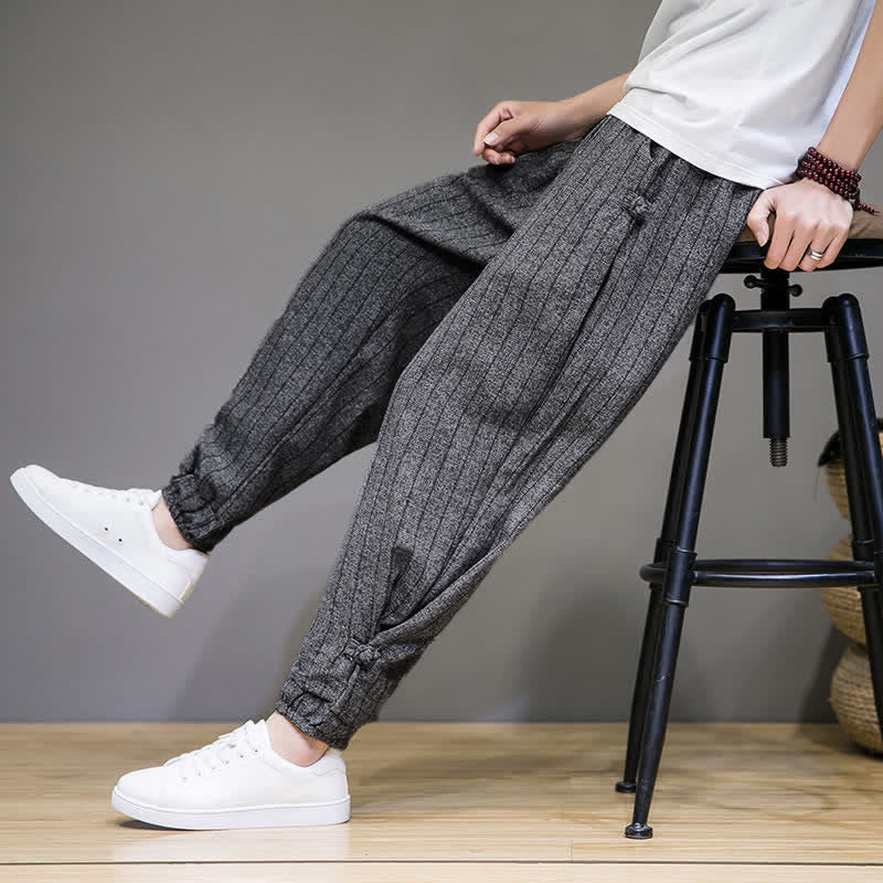 Buddha Stones Pantaloni corti estivi casual a righe con coulisse, pantaloni harem da uomo con tasche - image 19