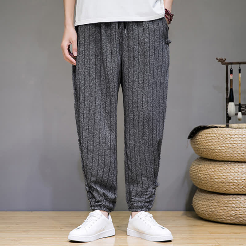 Buddha Stones Pantaloni corti estivi casual a righe con coulisse, pantaloni harem da uomo con tasche - image 16