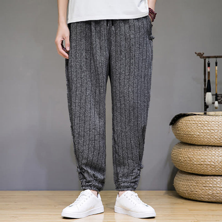 Buddha Stones Pantaloni corti estivi casual a righe con coulisse, pantaloni harem da uomo con tasche - image 16