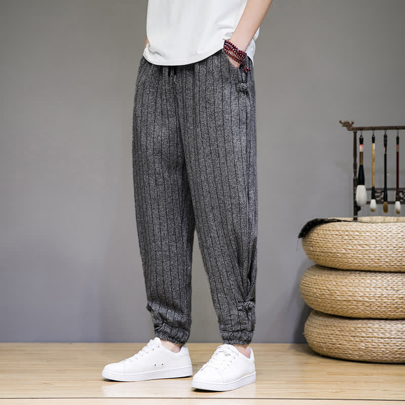 Buddha Stones Pantaloni corti estivi casual a righe con coulisse, pantaloni harem da uomo con tasche - image 18