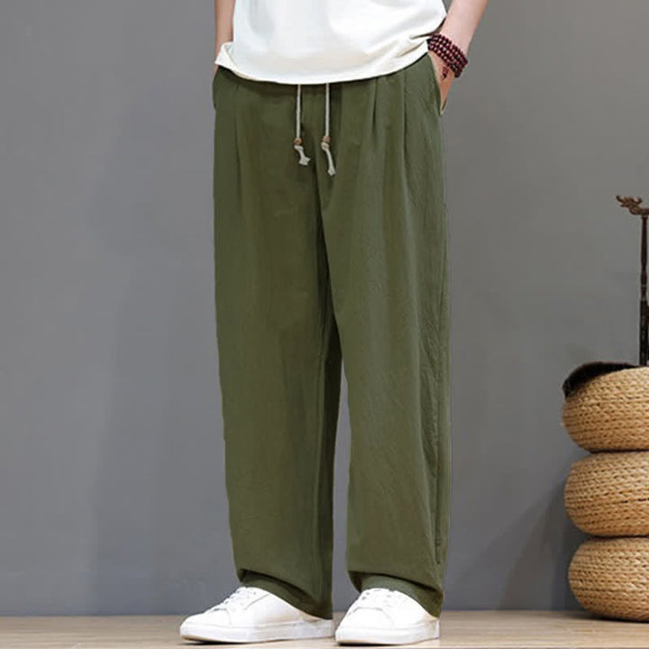 Buddha Stones Pantaloni estivi casual vintage con coulisse in cotone tinta unita, pantaloni harem da uomo con tasca - image 6