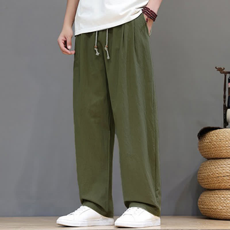 Buddha Stones Pantaloni estivi casual vintage con coulisse in cotone tinta unita, pantaloni harem da uomo con tasca - image 8