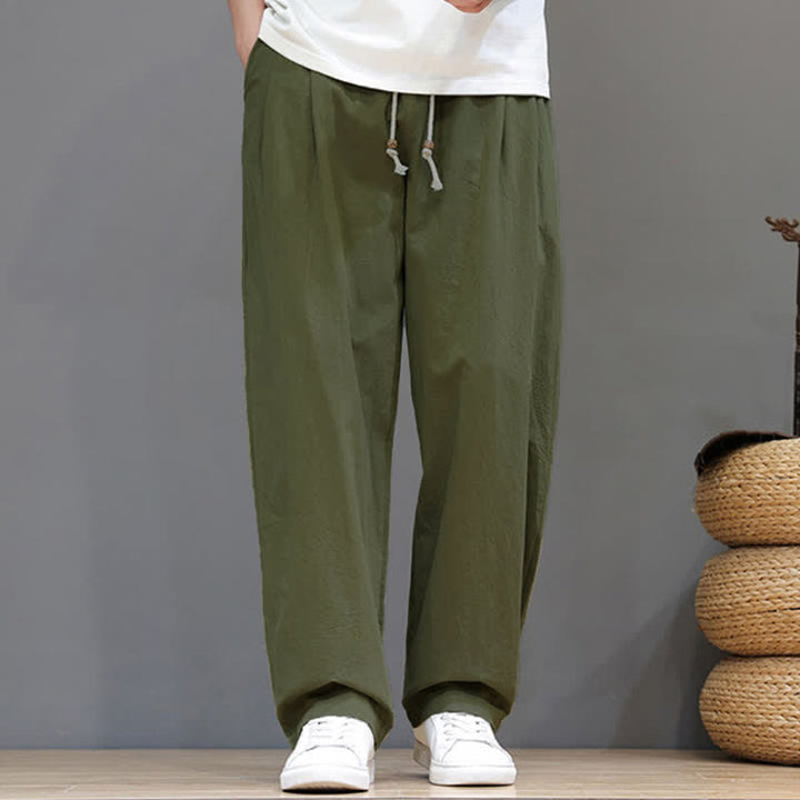Buddha Stones Pantaloni estivi casual vintage con coulisse in cotone tinta unita, pantaloni harem da uomo con tasca - image 7