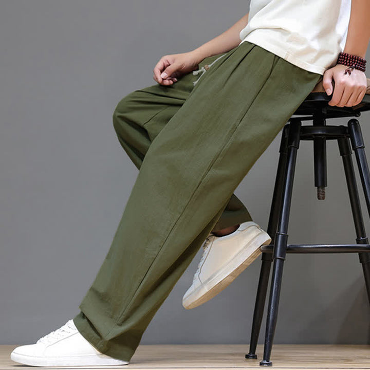 Buddha Stones Pantaloni estivi casual vintage con coulisse in cotone tinta unita, pantaloni harem da uomo con tasca - image 9
