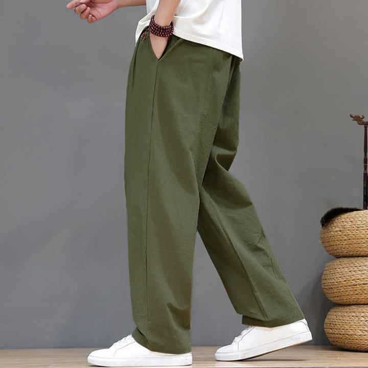 Buddha Stones Pantaloni estivi casual vintage con coulisse in cotone tinta unita, pantaloni harem da uomo con tasca - image 3