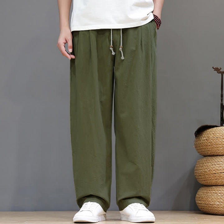 Buddha Stones Pantaloni estivi casual vintage con coulisse in cotone tinta unita, pantaloni harem da uomo con tasca - image 1