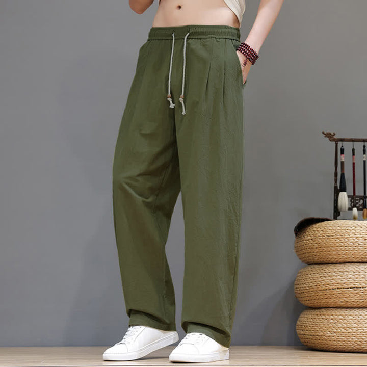 Buddha Stones Pantaloni estivi casual vintage con coulisse in cotone tinta unita, pantaloni harem da uomo con tasca - Verde oliva - US/UK/AU48, EU58 (6XL) - image 0
