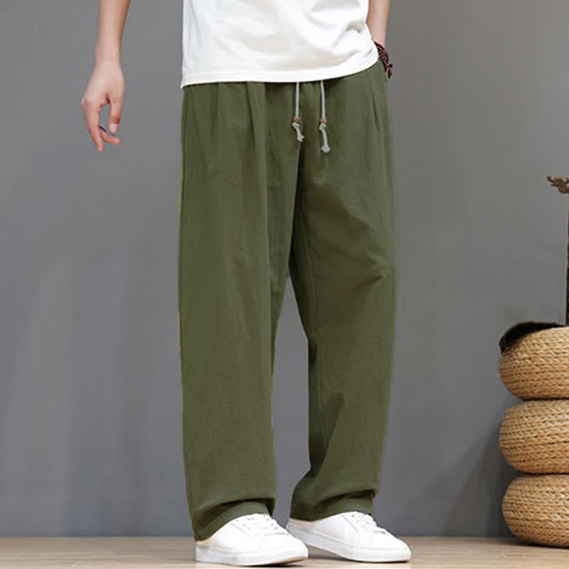 Buddha Stones Pantaloni estivi casual vintage con coulisse in cotone tinta unita, pantaloni harem da uomo con tasca - image 5
