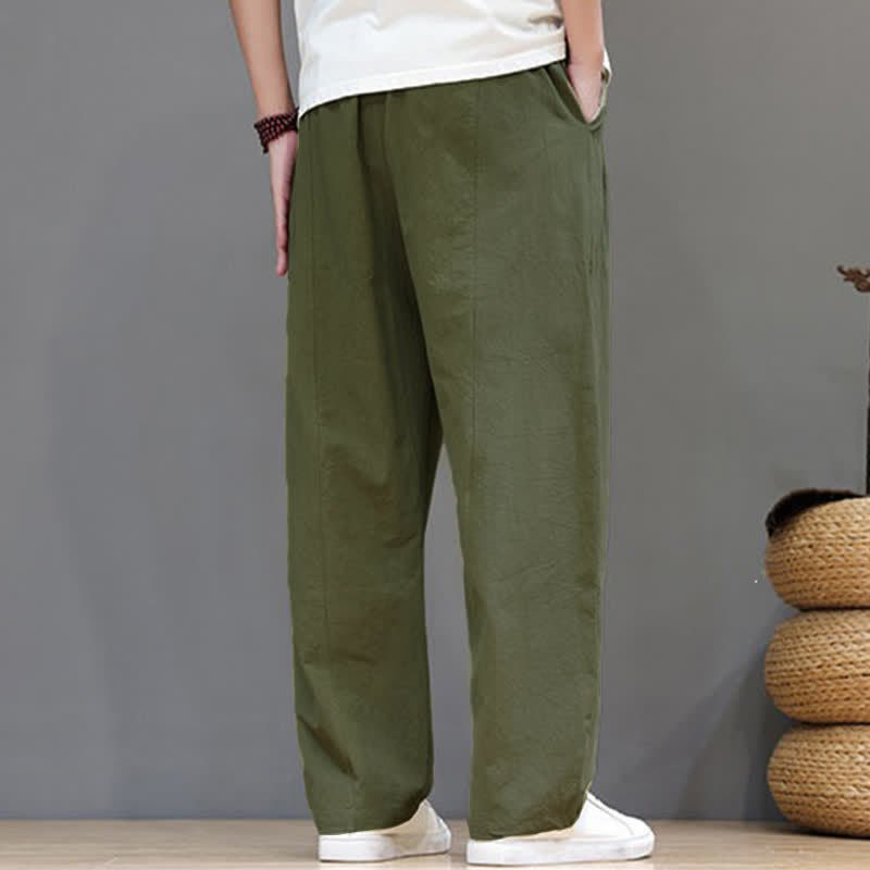 Buddha Stones Pantaloni estivi casual vintage con coulisse in cotone tinta unita, pantaloni harem da uomo con tasca - image 4