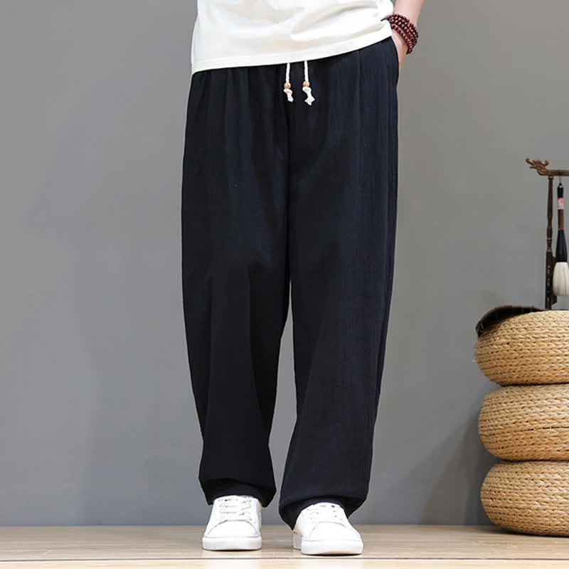 Buddha Stones Pantaloni estivi casual vintage con coulisse in cotone tinta unita, pantaloni harem da uomo con tasca - image 12