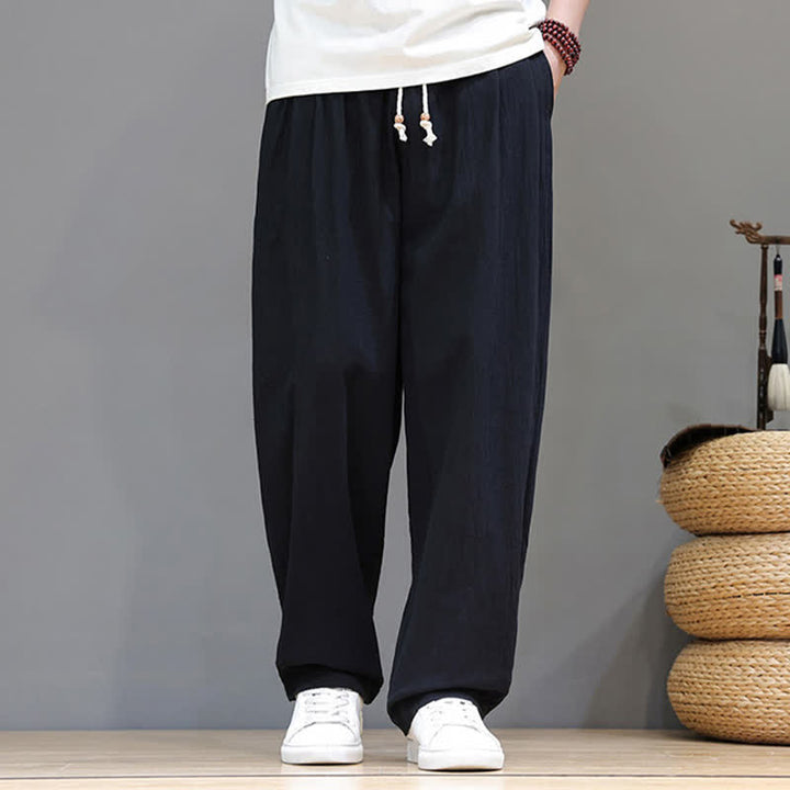 Buddha Stones Pantaloni estivi casual vintage con coulisse in cotone tinta unita, pantaloni harem da uomo con tasca - image 12