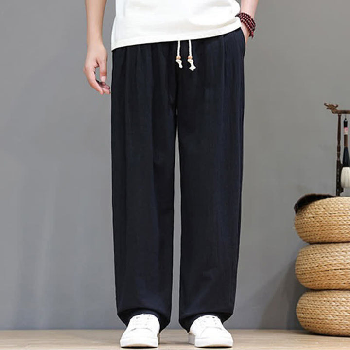 Buddha Stones Pantaloni estivi casual vintage con coulisse in cotone tinta unita, pantaloni harem da uomo con tasca - image 15