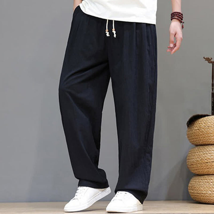 Buddha Stones Pantaloni estivi casual vintage con coulisse in cotone tinta unita, pantaloni harem da uomo con tasca - image 11