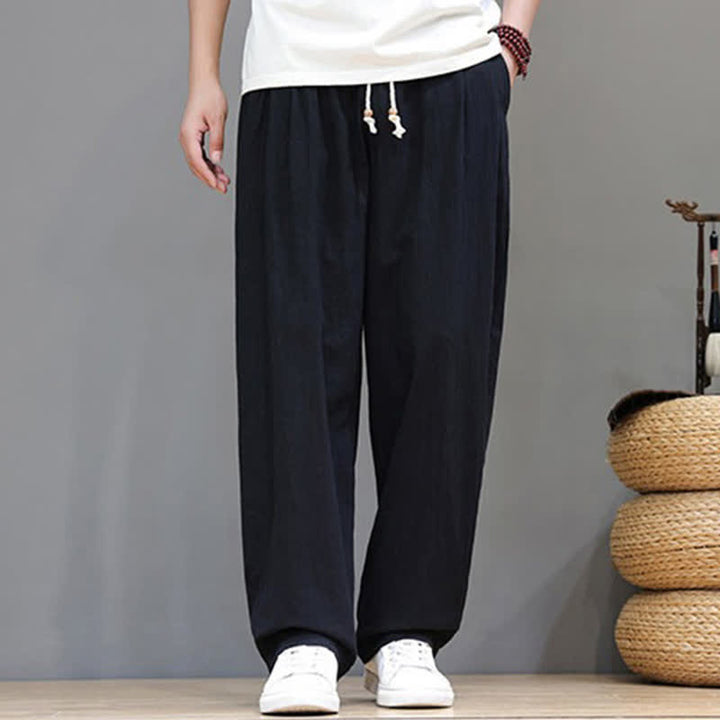 Buddha Stones Pantaloni estivi casual vintage con coulisse in cotone tinta unita, pantaloni harem da uomo con tasca - image 16