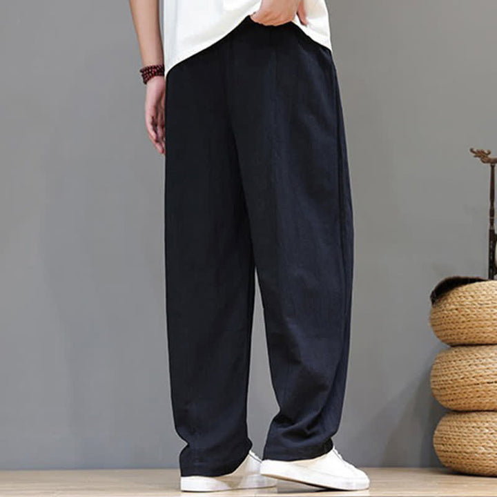 Buddha Stones Pantaloni estivi casual vintage con coulisse in cotone tinta unita, pantaloni harem da uomo con tasca - image 14